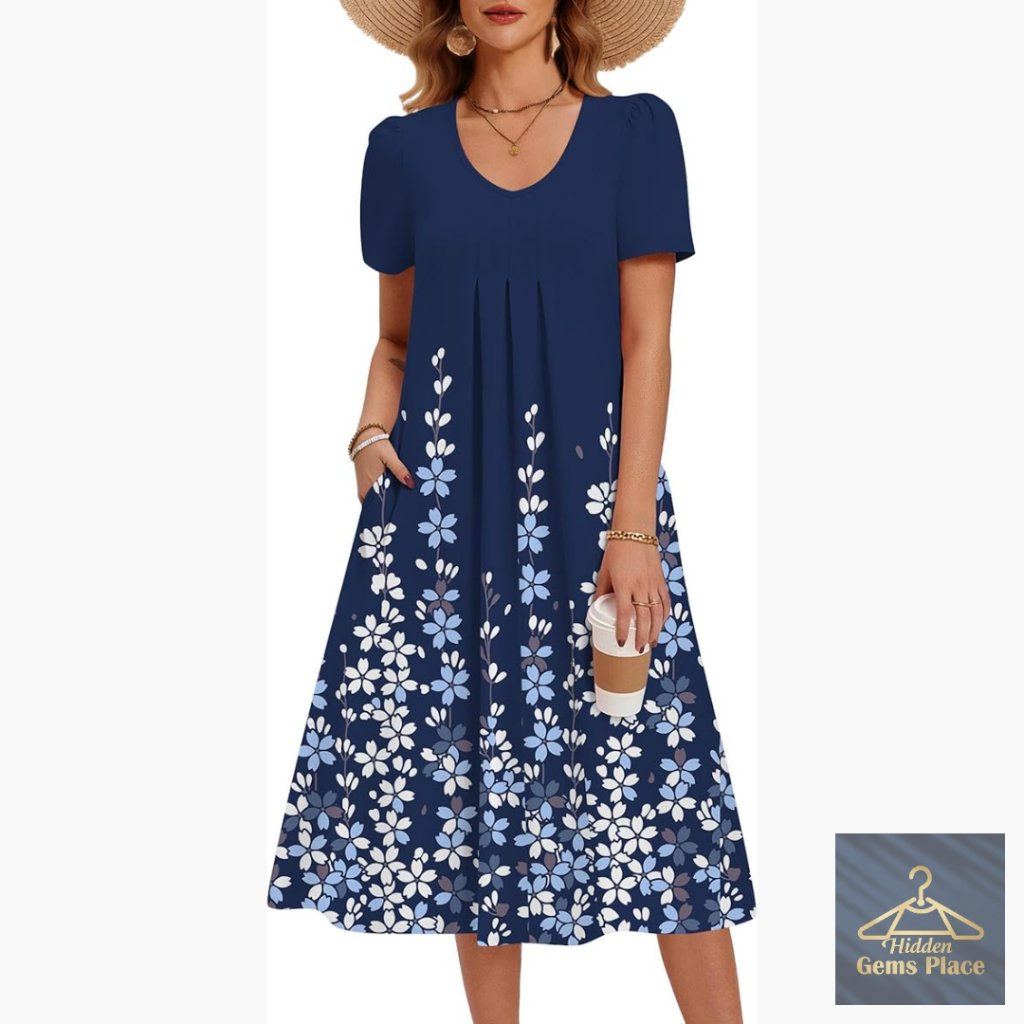 Casual Floral Midi Sundress With Pockets V-Neck Short Sleeve A-Line